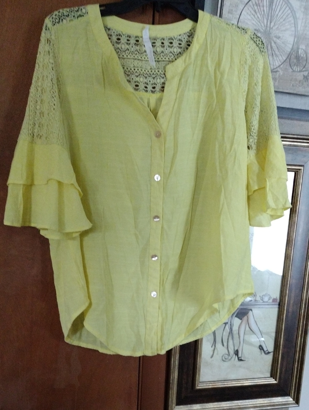 NY Collection Yellow Lace-Trim Button-Front Blouse